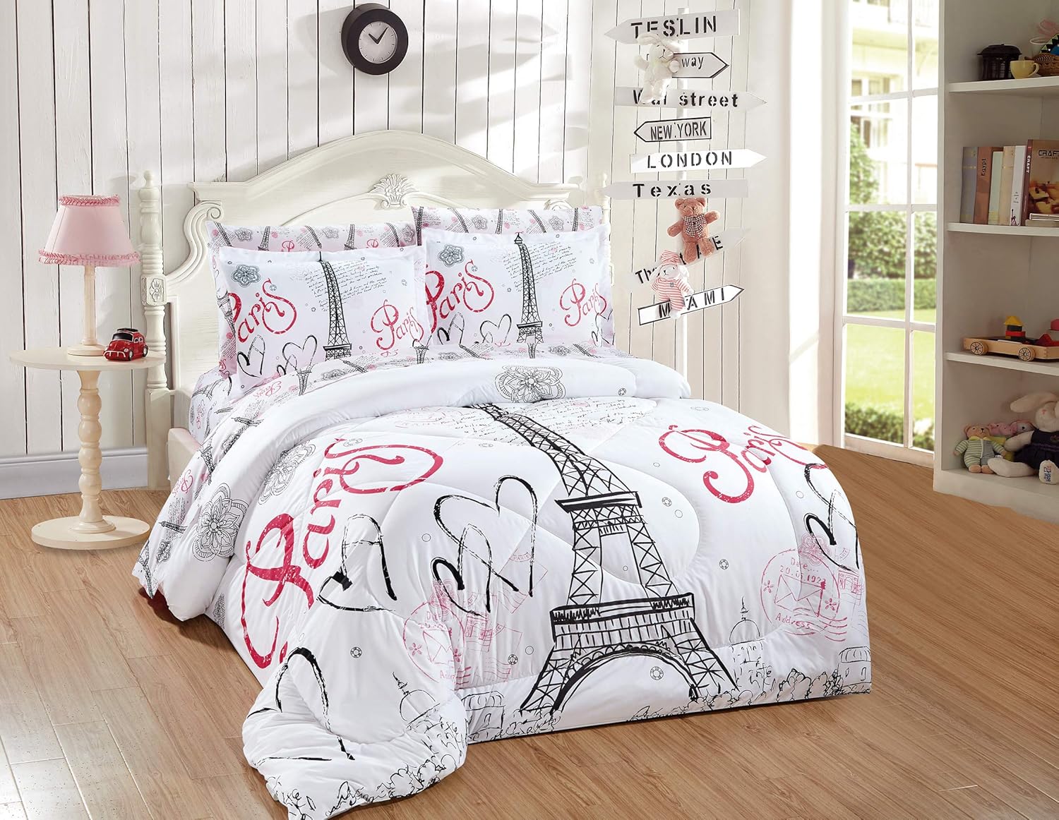 Better Home Style White Black Pink Paris Eiffel Tower Bonjour Design 7 Piece Comforter Bedding Set Bed in a Bag with Complete Sheet Set # FS Paris White (Queen)