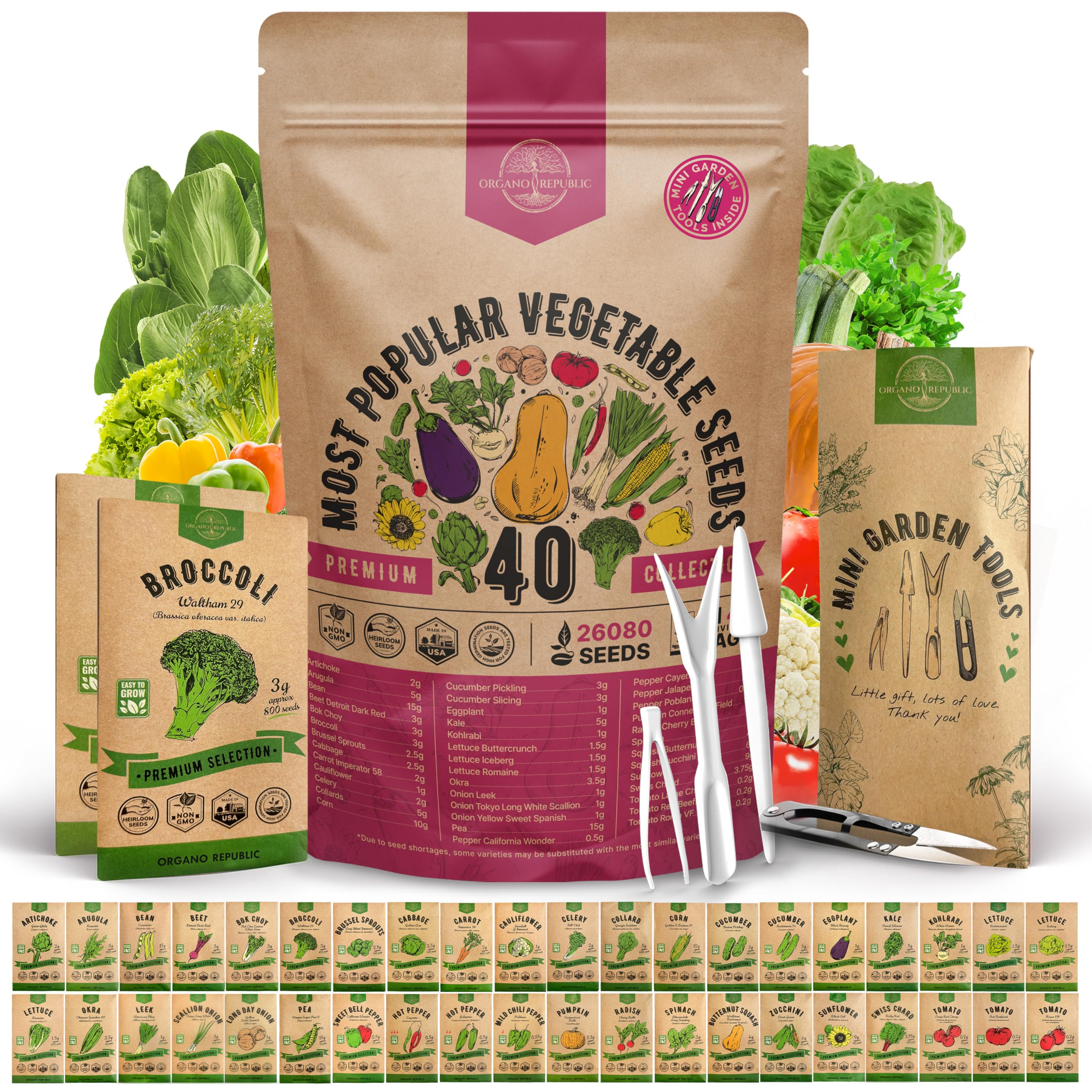Organo Republic 40 Vegetable Seeds Variety Pack - 26000 Non GMO Heirloom Seeds for Planting Vegetables & Fruits in Bulk Individual Seed Packets, Home Garden Seeds for Hydroponic, Indoor & Outdoors Image