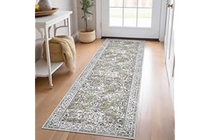 KILOCOCO Moroccan Runner Rug 2x6 Washable Hallway Runner Printed Vintage Floral Rug Kitchen Runner Soft Non-Slip Runners Distressed Boho Rugs Runners for Laundry Room Bedroom, Mossy Taupe
