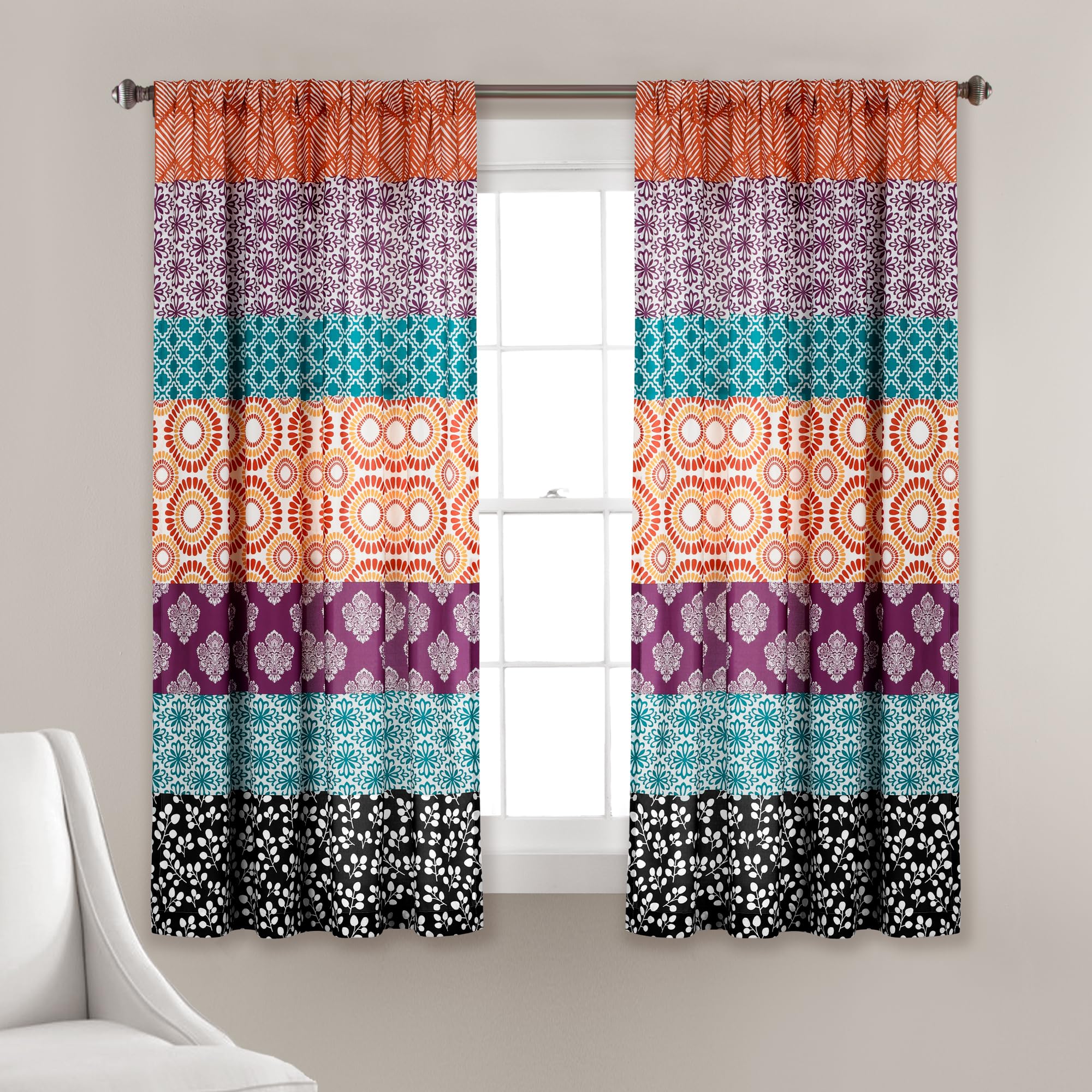 Lush Decor Bohemian Stripe Window Curtain Colorful Bold Design Panel Pair, 52" W x 63" L, Fuchsia & Orange
