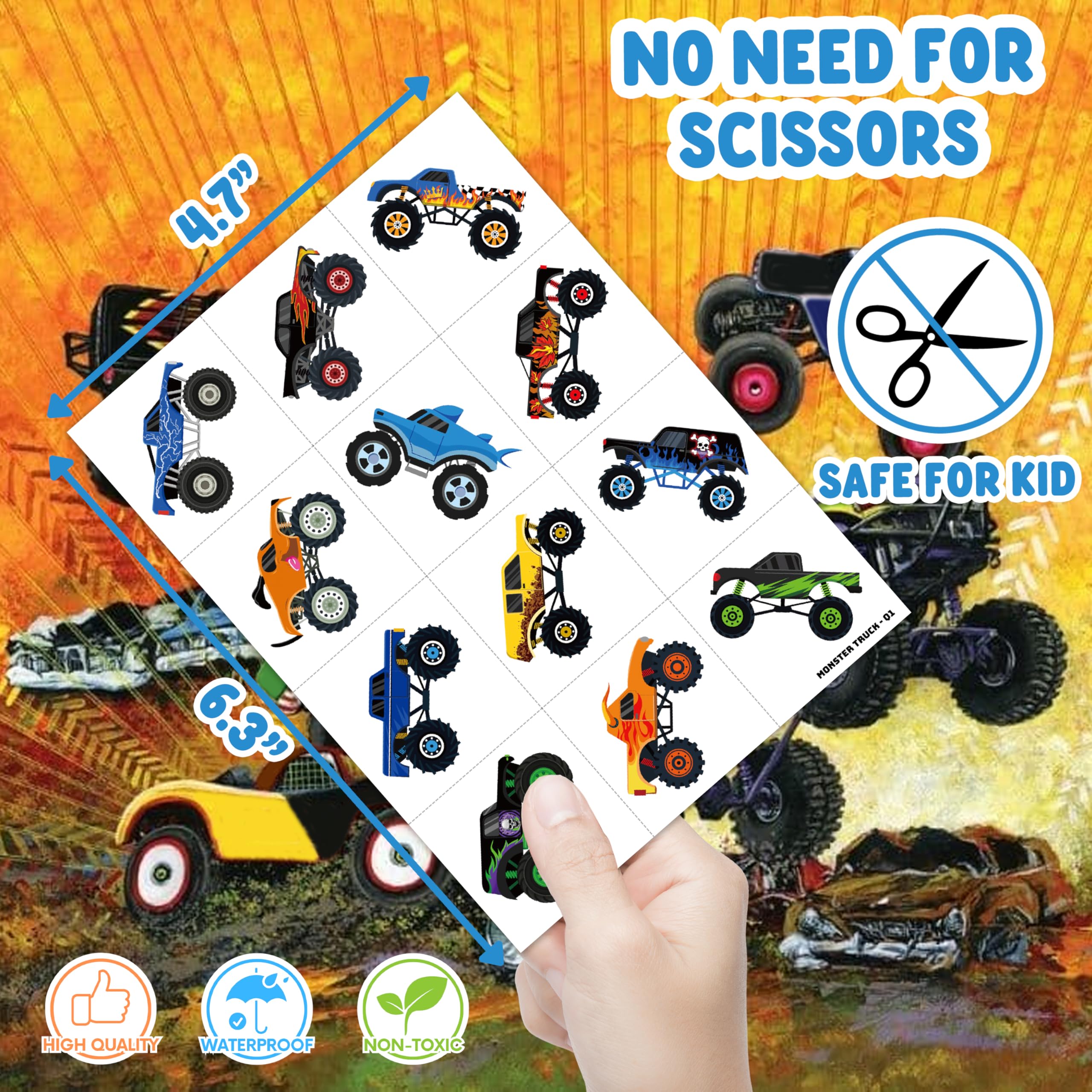 96 PCS Monster Truck Race Car Pre-Cut Temporary Tattoos for Kids | Super Cute Themed Birthday Party Favors, Supplies, Decorations, Fake Tattoo Stickers (Multiple)