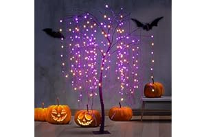 SPIRIT STAR CHRISTMAS CENTER 7 FT Halloween Lighted Willow Tree 256 LED Orange and Purple Lights Artificial Weeping Willow Tree with 6 Spiders Outdoor Indoor Decoration Christmas Festival Party Home Decor