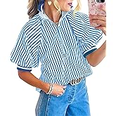 BKBEY Womens Striped Puff Sleeve Blouse Half Zip Loose Color Block Ribbed Knit Collared Top
