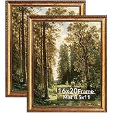 Pequecom 16x20 Vintage Gold Picture Frame, 2 Pack Ornate Victorian Frames for Wall with Real Glass, Display Art 11x14 with Mat or 16x20 without Mat for Gallery Wall