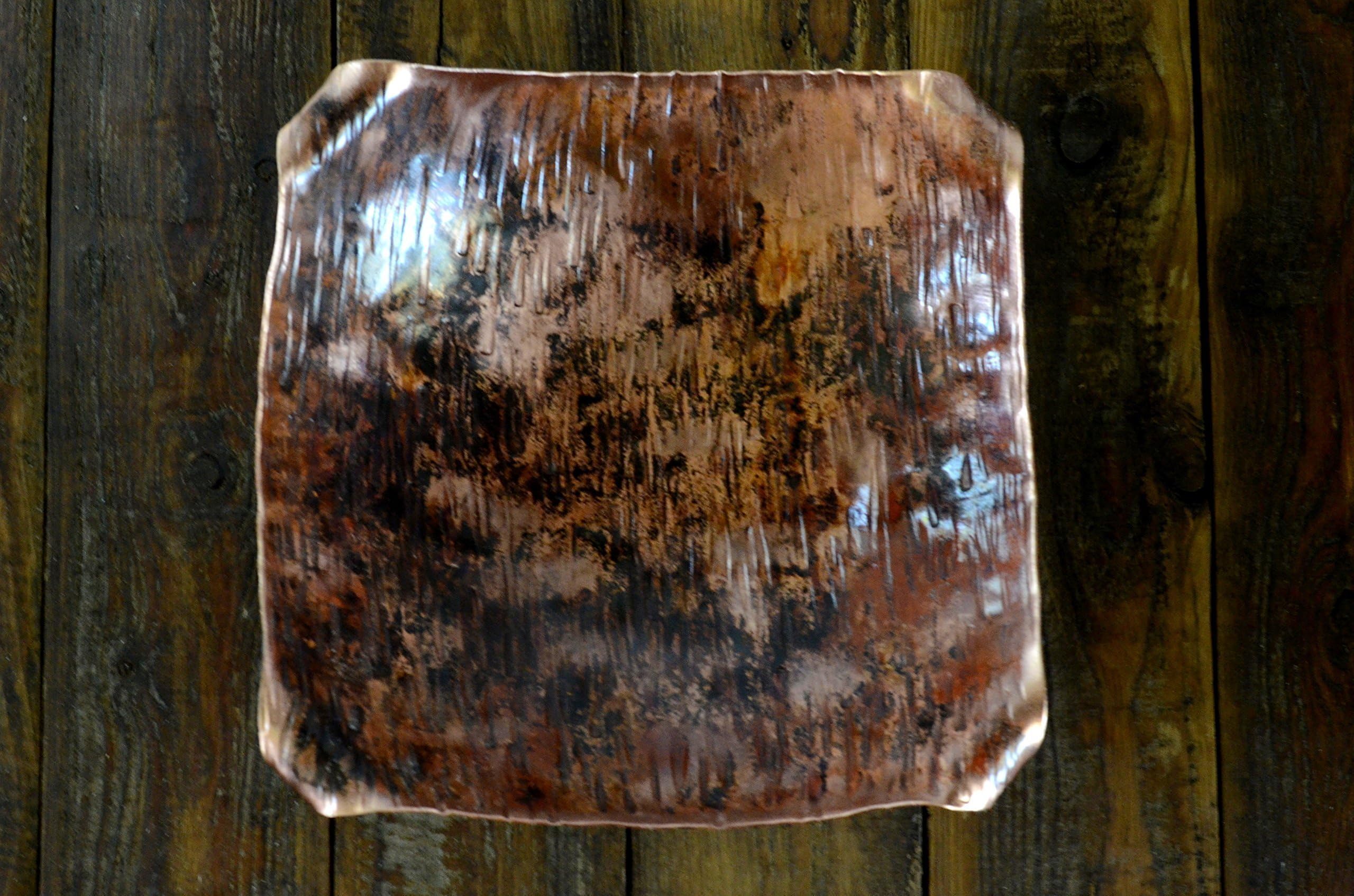 Small Copper Bowl * Square Forge Colored Copper Bowl with Rolled Edge Blacksmith Made Home Kitchen Decor * Square Copper Bowl with Wood Grain Texture, Forge Color Patina, and Rolled Corners