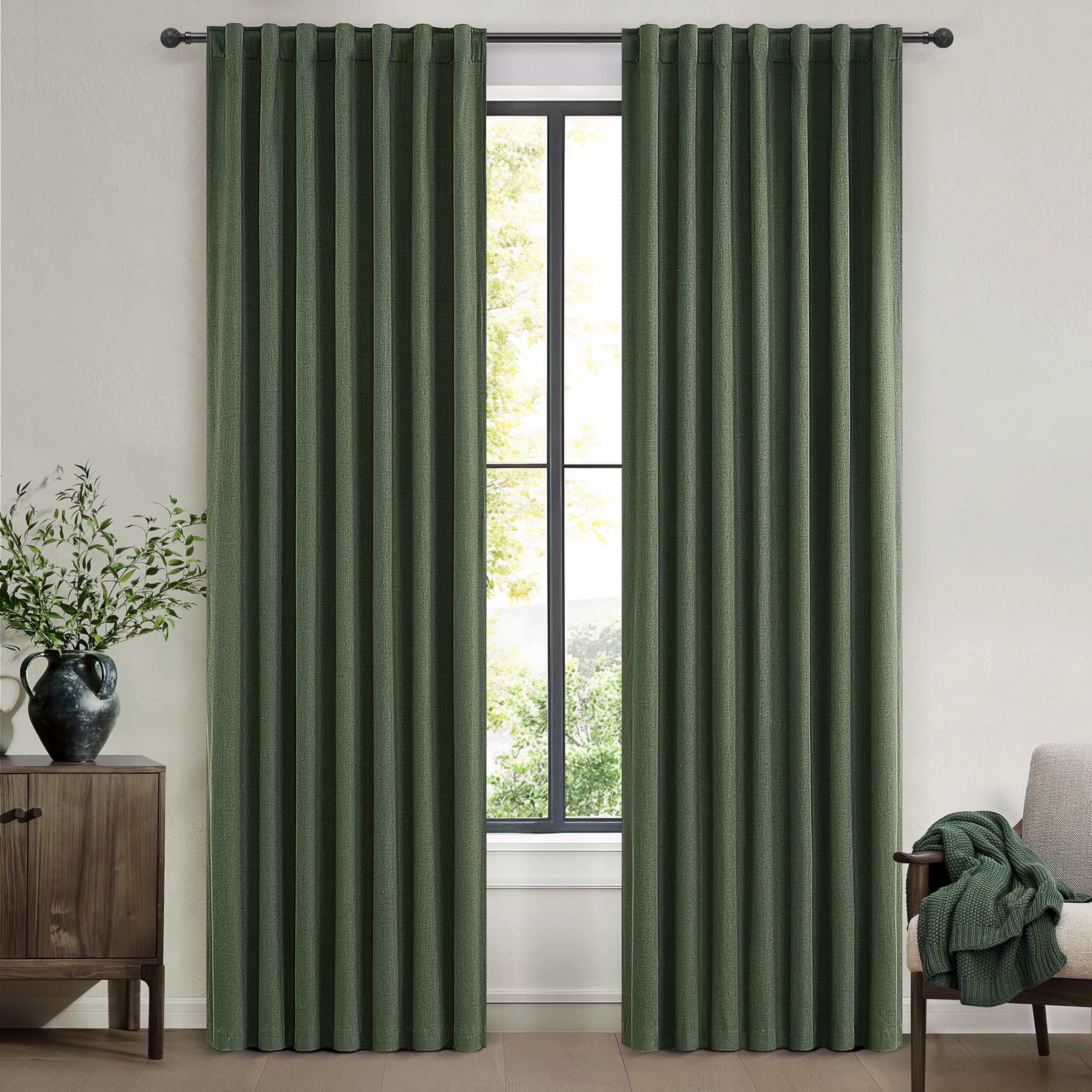 Photo 1 of QJmydeco Dark Green Curtains 86 Inches Long, Blackout Spring Curtains for Living Room Cooling Heat Reflective Linen Look Vintage Drapes for Bedroom Back Tab Pleated (Olive,2Panels W50 xL86)
