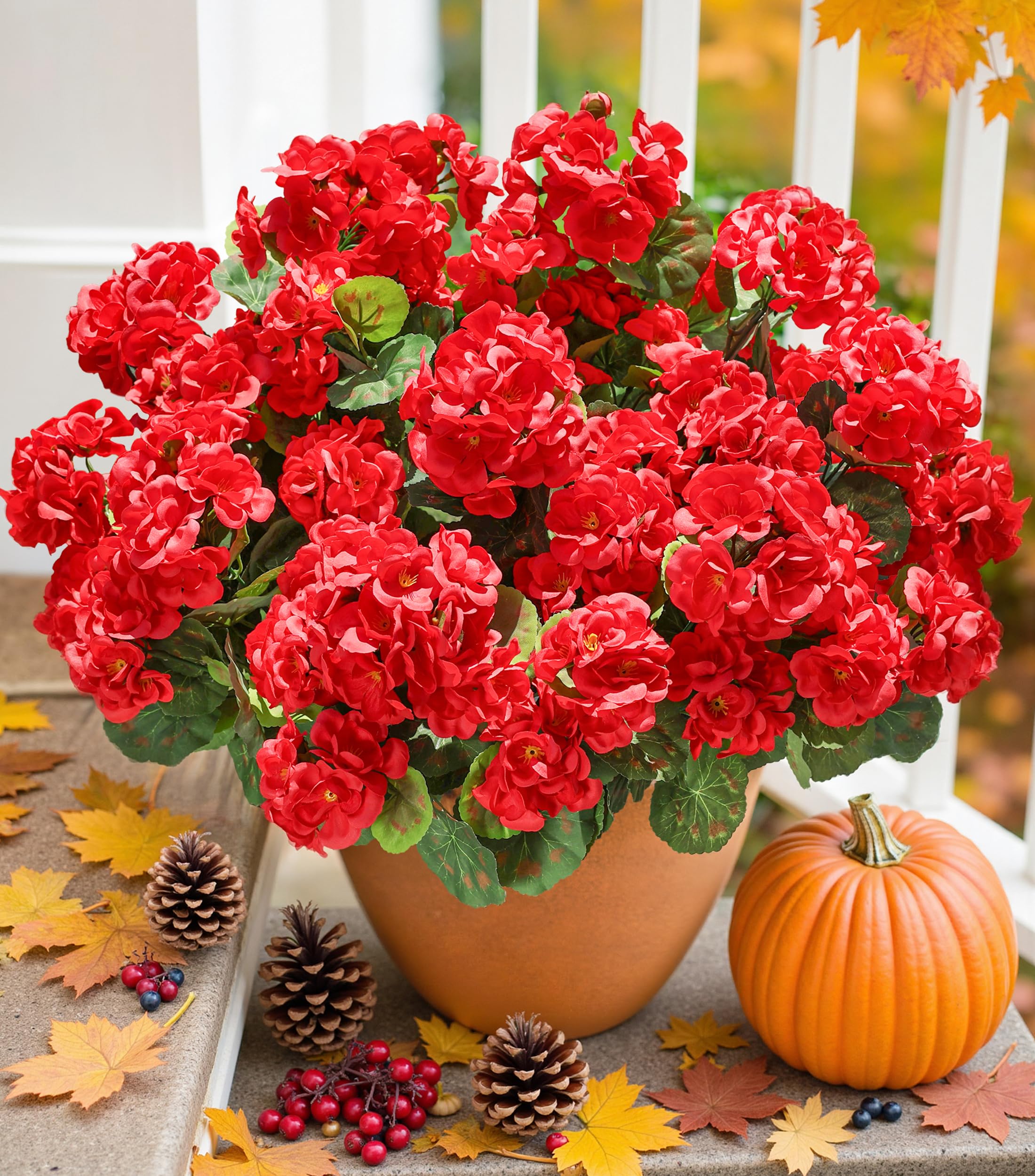 Photo 1 of Artificial Geraniums Fake Flowers for Outdoors Decoration, 6 Bundles Silk Geraniums Red Flower UV Resistant Look Real Faux Plants for Front Door Garden Porch Planter Patio Balcony Yard Indoor Home