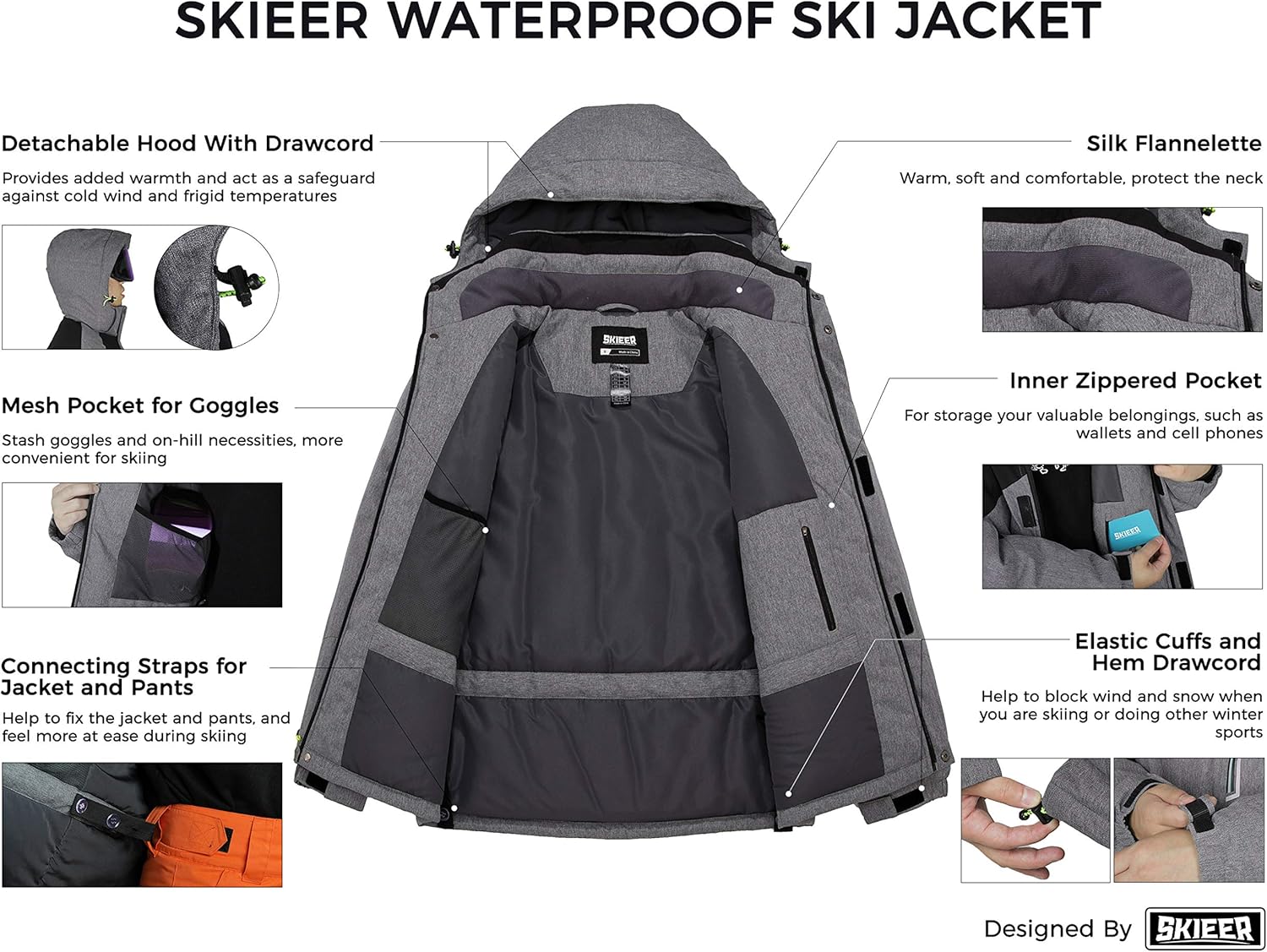 Skieer Men's Waterproof Ski Jacket Warm Winter Snow Coat Windproof Hooded Rain Jacket: Clothing
