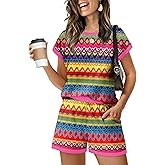WIHOLL Two Piece Sets for Women Summer Lounge Short Sets Cap Sleeve Crew Neck Sweatsuit with Pocket XS-2XL