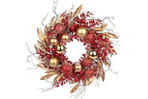 BRIFUL 16 in. Unlit Christmas Wreath Red Door Wreath Handcrafted with Artificial Eucalyptus Berries Ornaments for Farmhouse Holiday Thanksgiving Christmas Decoration