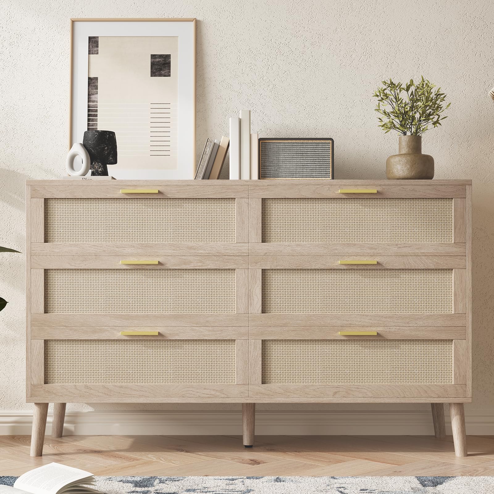 Photo 1 of 6 Drawer Dresser for Bedroom, Natural Rattan Dresser with Gold Metal Handles, Farmhouse Chest of Drawer with 5 Strong Legs for Living Room, Hallway, Entryway, Oak