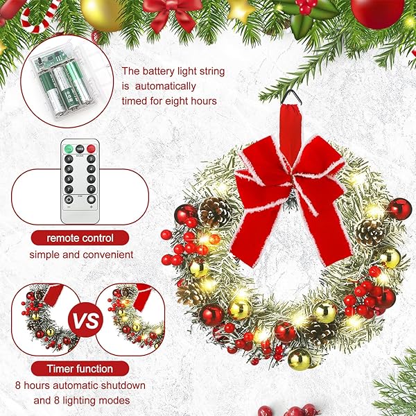 CEENNA 8 PCS LIGHTED CHRISTMAS WREATH 14 INCH PRE LIT ARTIFICIAL CHRISTMAS WREATH WITH BATTERY OPERATED LED LIGHT AND TIMER FOR XMAS FRONT DOOR OUTDOOR WINDOW HOLIDAY PARTY DECOR(RED BOW)
