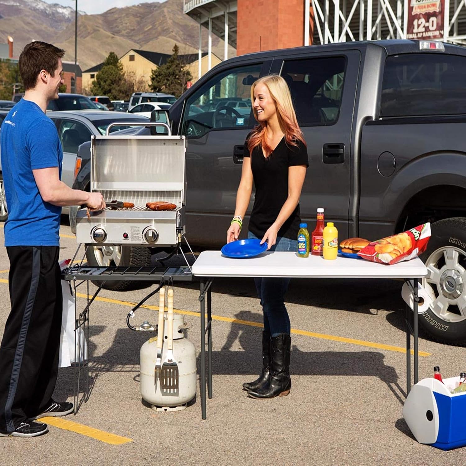 Lifetime Folding Tailgate Camp Table with Grill Rack, White : Garden & Outdoor