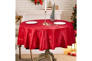 ARIDUR Christmas Tablecloth with Poinsettia and Holly Patterns, Red Jacquard Round Christmas Tablecloth Damask Fabrich for Holiday, Christmas Decorations Indoor for Home Table Cloth 70 Inch Round