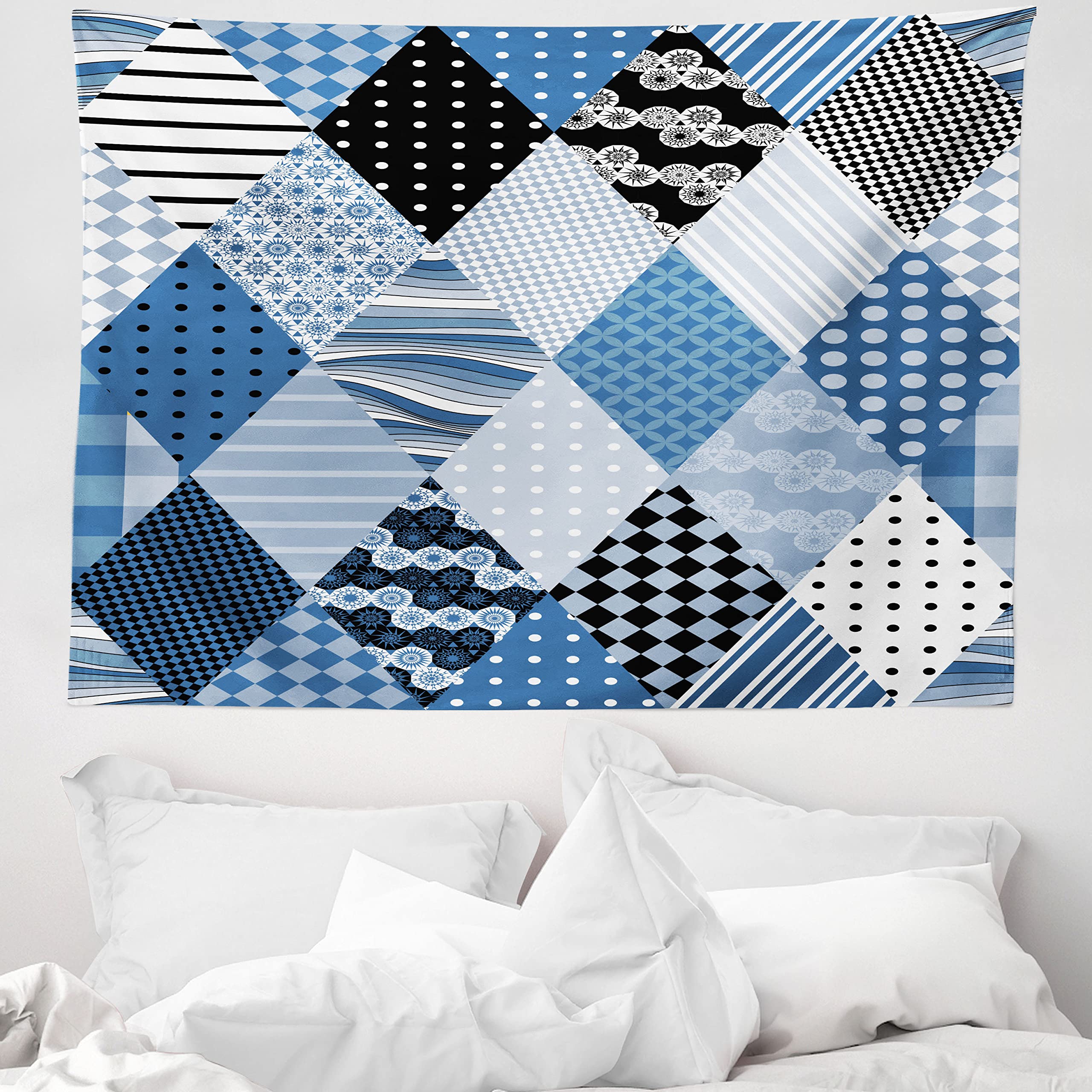 ABAKUHAUS Geometric Tapestry, Geometrical Diamond Shaped Lines with Various Nostalgic Fashioned Old Pattern, Fabric Wall Hanging Decor for Bedroom Living Room Dorm, 58 W X 43 L, Blue Black