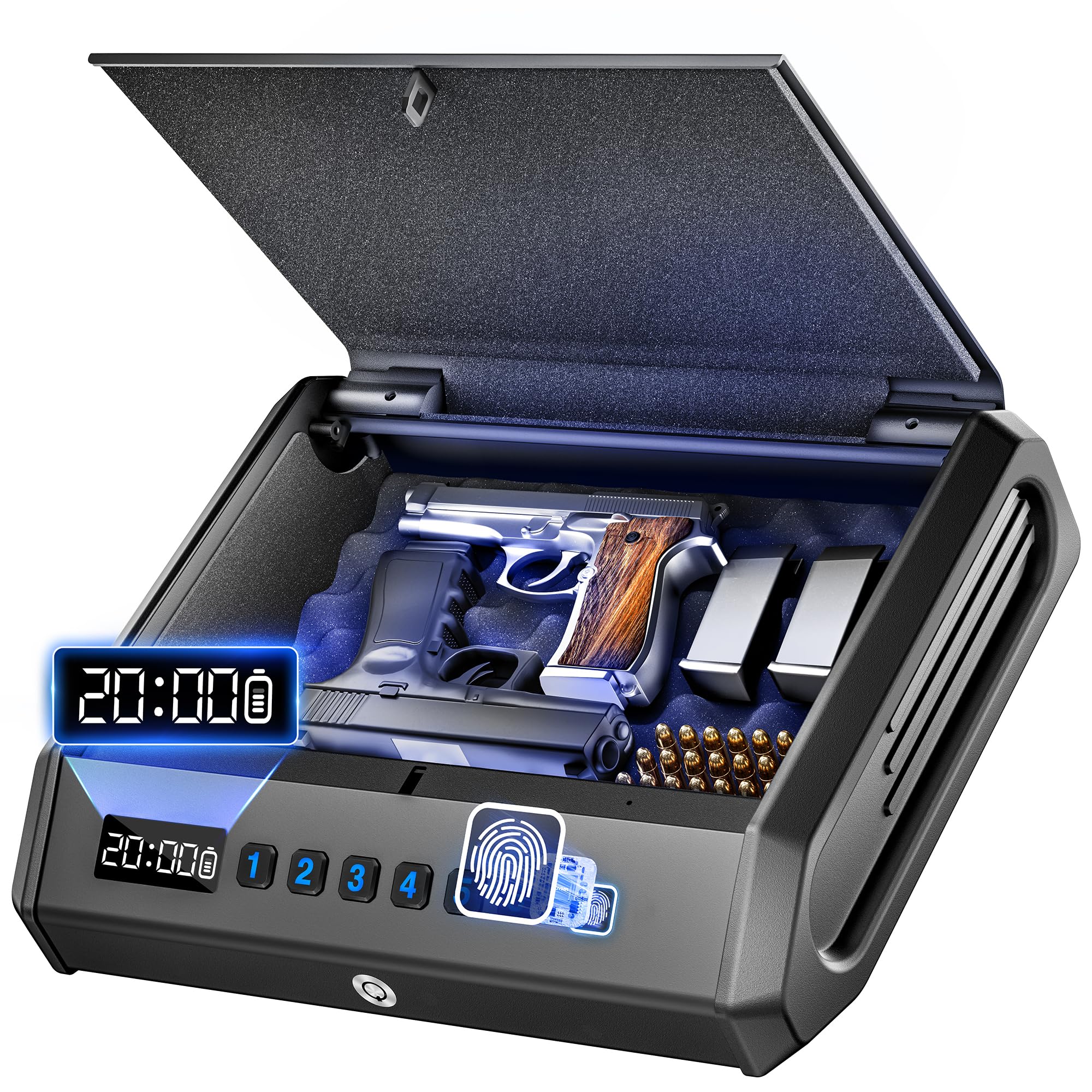 Photo 1 of TOPMEDA Large Biometric Gun Safe fits 4 Pistols, 100 Sets of Fingerprint Handgun Safe with Internal Light & Silent Mode, Gun Lock Box for Home Bedroom Bedside Nightstand and Car