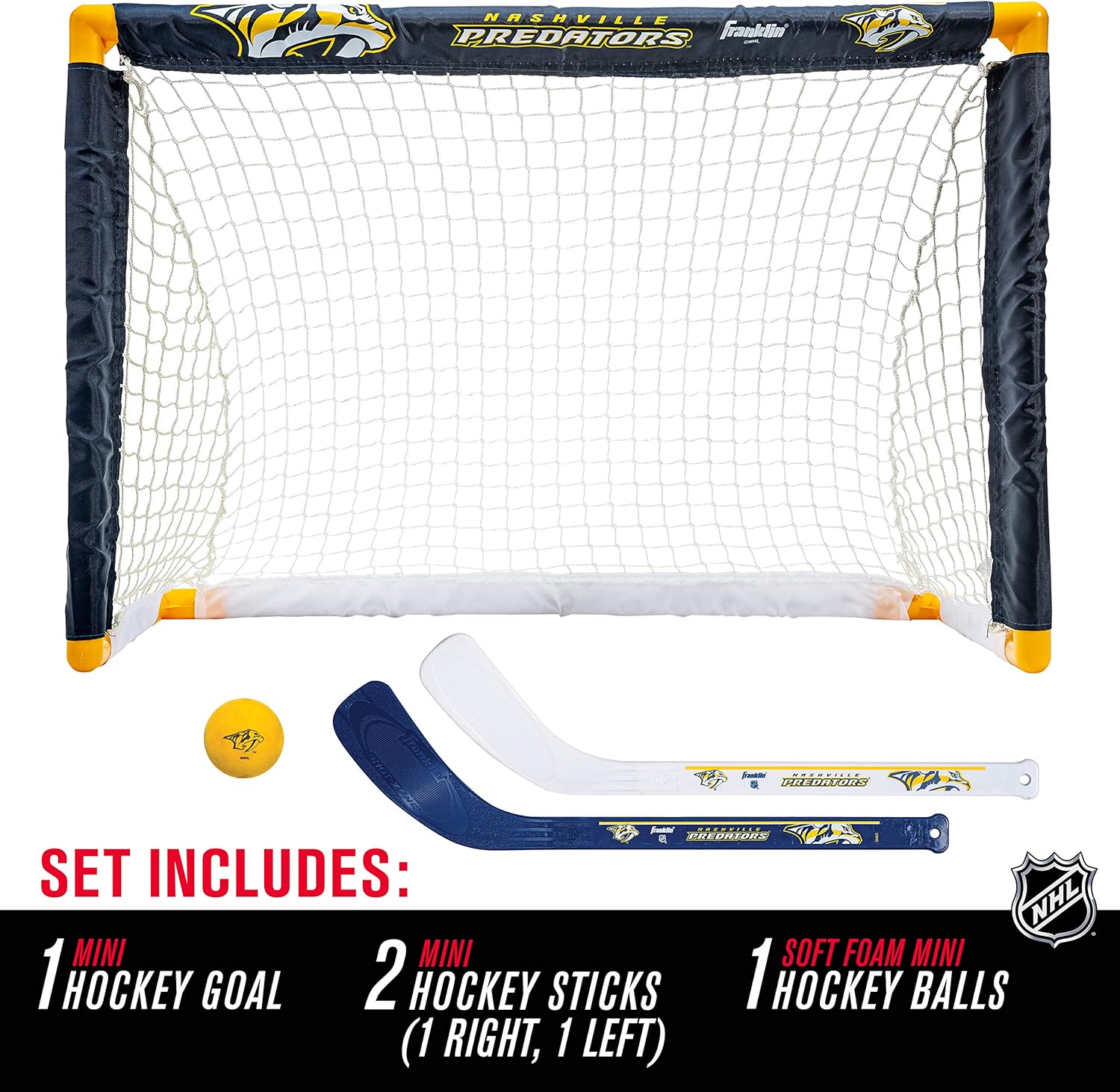Franklin Sports Nashville Predators Mini Hockey Set - Knee Hockey Goal, Ball, & 2 Hockey Stick Combo Set - Mini Goal Net - NHL Official Hockey Set : Sports & Outdoors