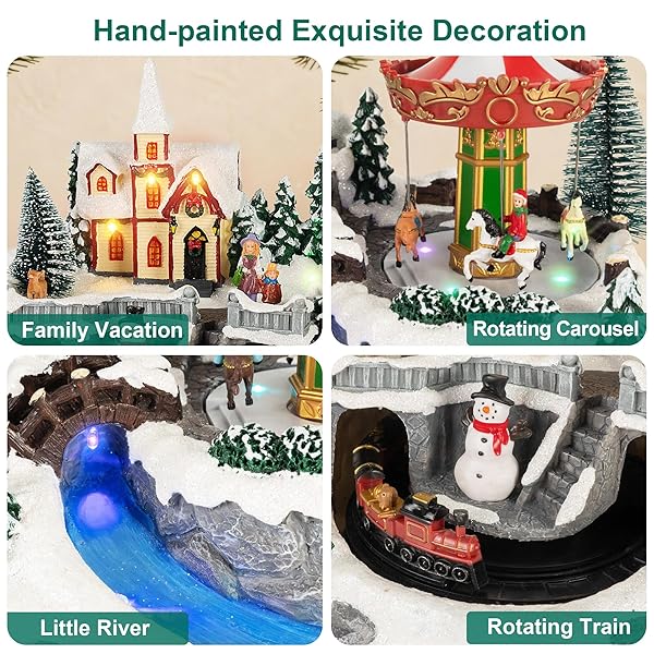 TWIRLETERNITY ANIMATED CHRISTMAS VILLAGE (ROTATING TRAIN & CAROUSEL)(PLAY 8 CHRISTMAS SONGS) RESIN LED LIGHTED WINTER COLLECTIBLE BUILDINGS HOLIDAY INDOOR DECOR