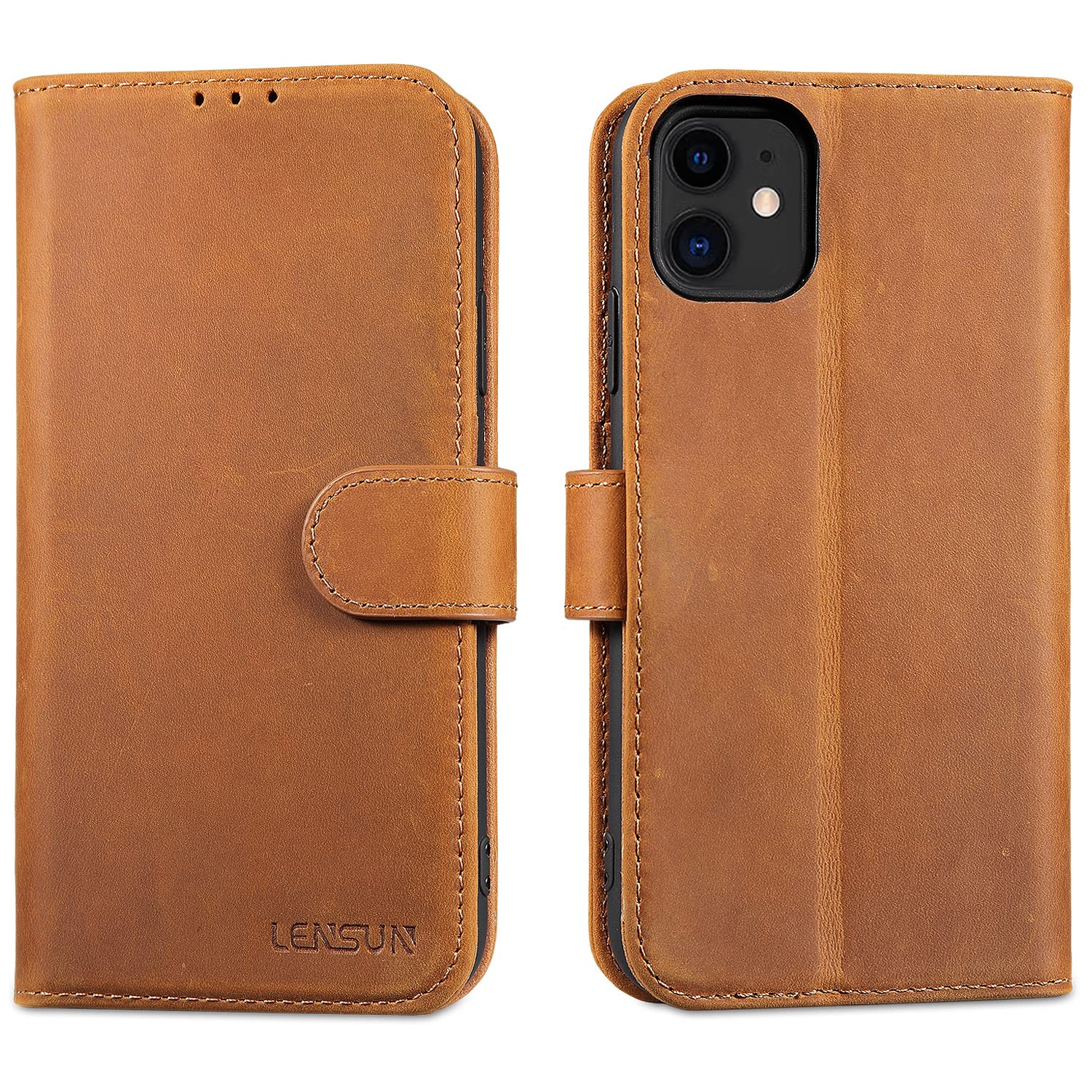 LENSUN Flip Case for iPhone 11, Genuine Leather Wallet Phone Cover [RFID Blocking] with Card Holder and Magnetic Closure Compatible with Apple iPhone 11 - Vintage Brown