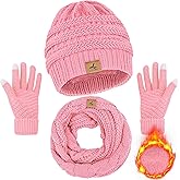 Winter Beanie Hat Scarf Gloves, Warm Fleece Knit Hats Touch Screen Gloves Neck Scarf Set Winter Gifts for Unisex Adult