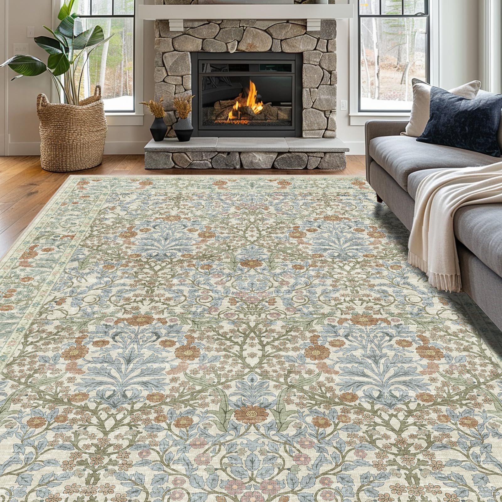 Photo 1 of shinefly Vintage Beige Blue Living Room Rug, 8x10 Washable Area Rugs for Dining Room Under Table, Soft Low Pile Large Carpet Bedroom, Non-Slip Boho Floral (8 x 10 Beige Blue)