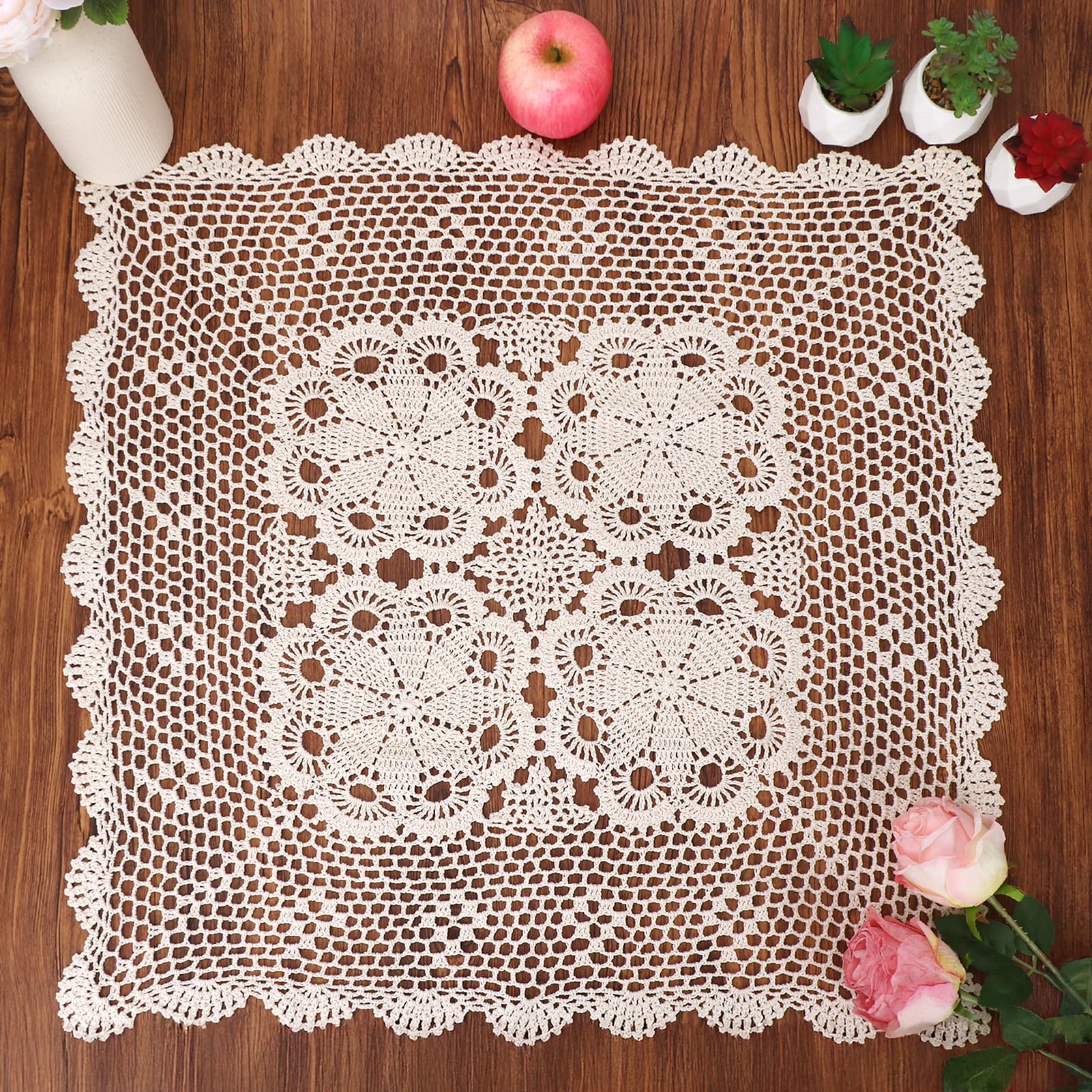 kilofly Handmade Crochet Cotton Lace Table Placemats Sofa Doilies, Square, Beige, 27 inch