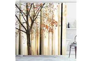 Ambesonne Autumn Shower Curtain, Fall Season Theme Picture of a Forest Tree Leaves an Abstract Woodland Background Print, Cloth Fabric Decor for Bathroom Set with Hooks, 69" W x 70" L, Orange Yellow