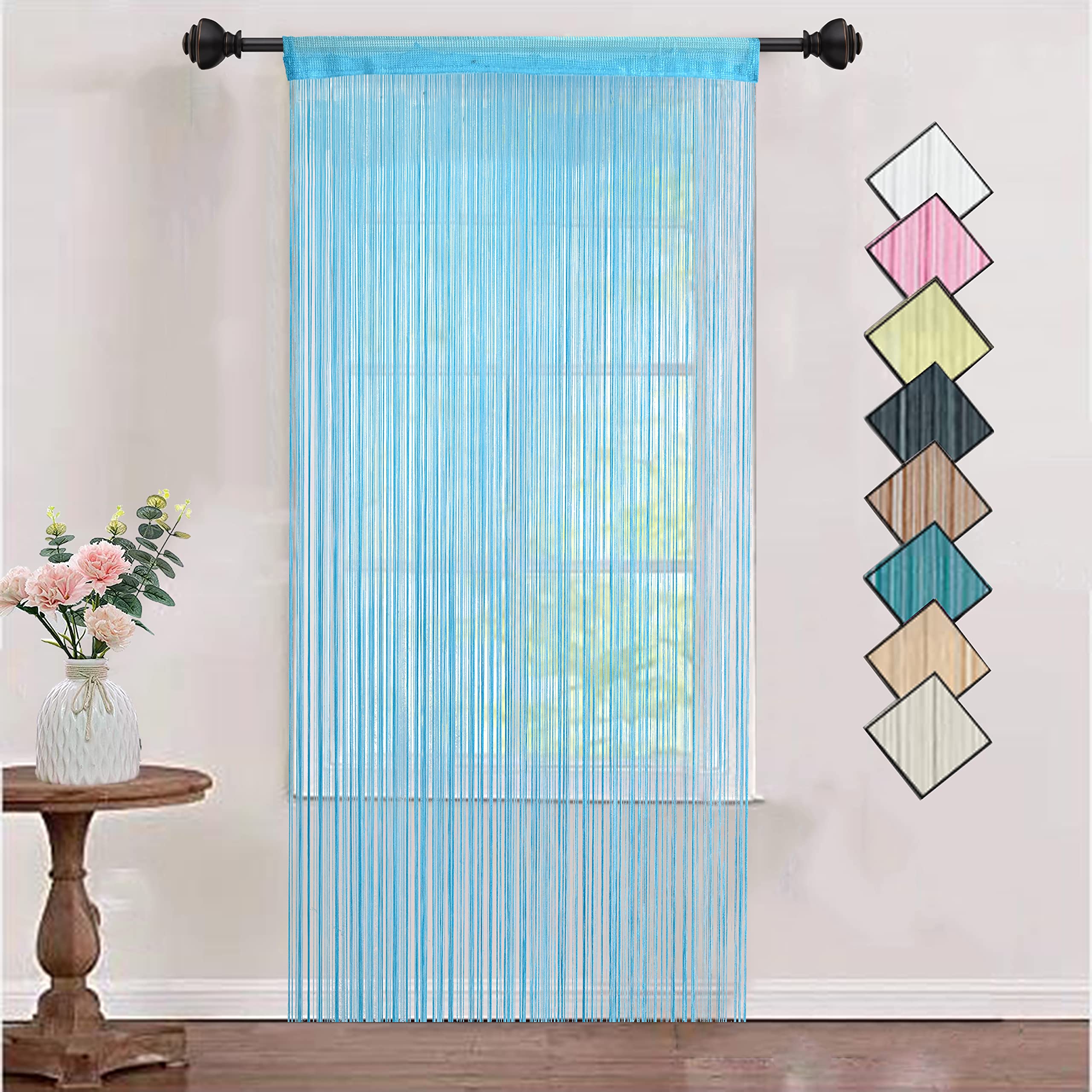 HSYLYM Knitting String Curtain Panels Dense Polyester Fringe Curtain Fly Screens Room Divider for Door Window Decor,Teal Blue,90 x 200 cm