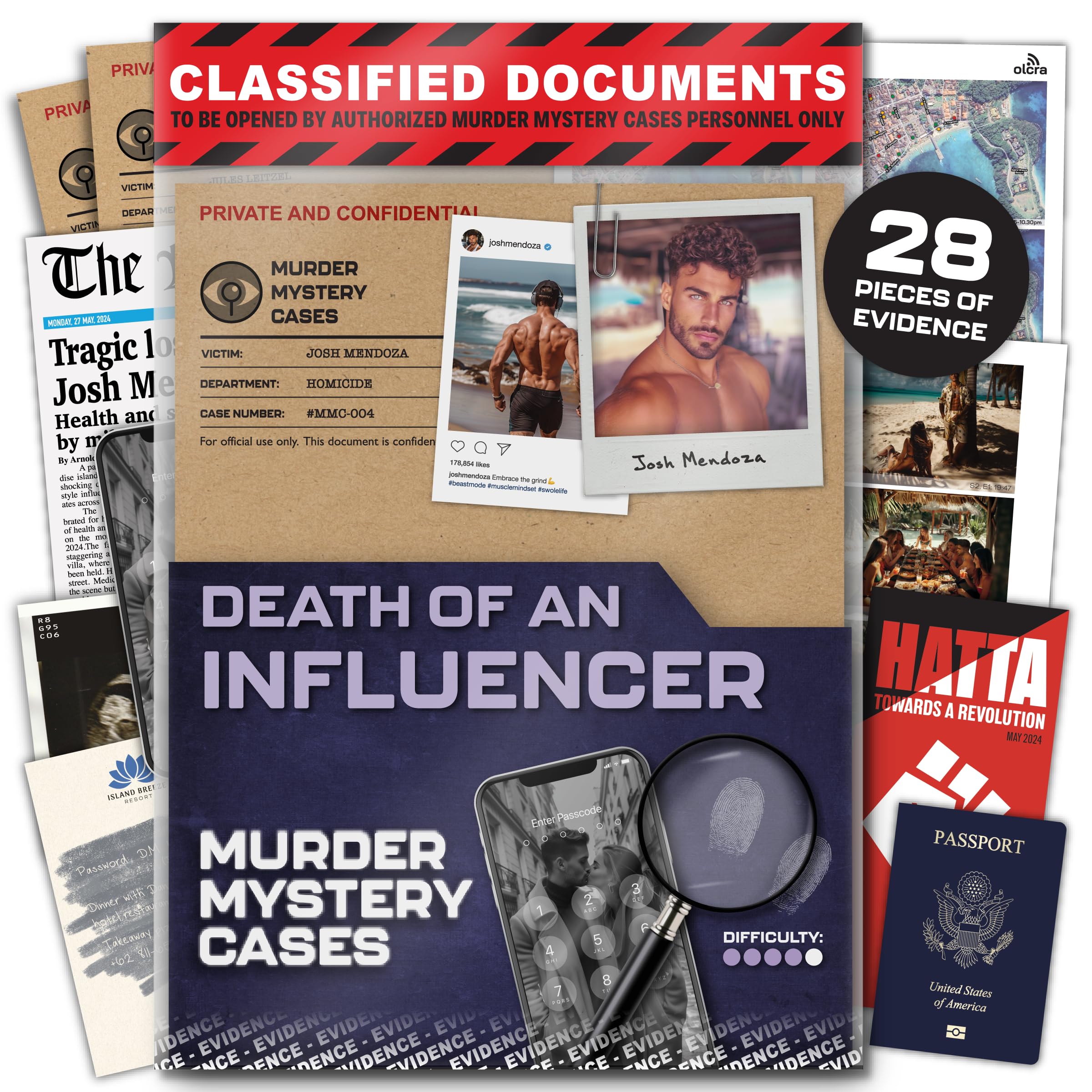 MMC Death of an Influencer – Thrilling Murder Mystery Games for Adults in Bali Paradise – 28 Realistic Evidence Pieces, 150 Min Gameplay (3.5/5 Difficulty) – Cold Case Files Game for 1-10 Players