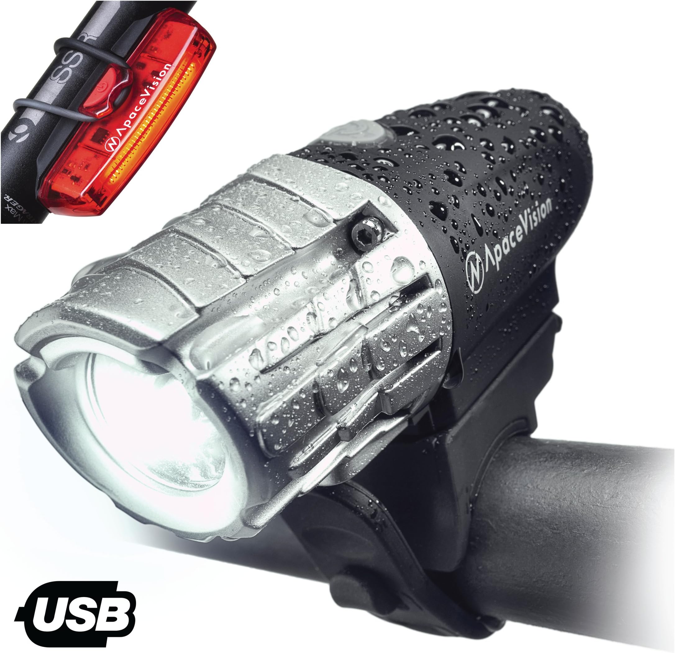 Eagle Eye USB Rechargeable Bike Light Set by Apace - Powerful 300 Lumens LED Bicycle Headlight and Tail Light - Super Bright Front Light & Rear Light for Optimum Cycling Safety