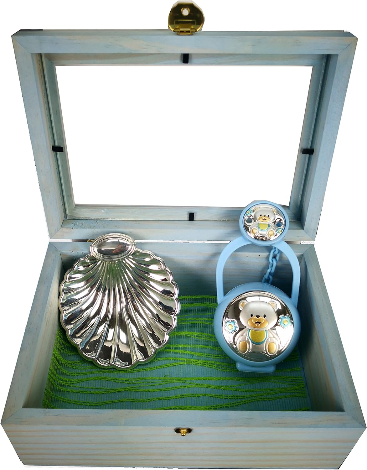 JOYERO BAUTISMO CONCHA PLATA LAMINADA 10X11 PORTA CHUPETE Y CADENA: Amazon.es: Bebé