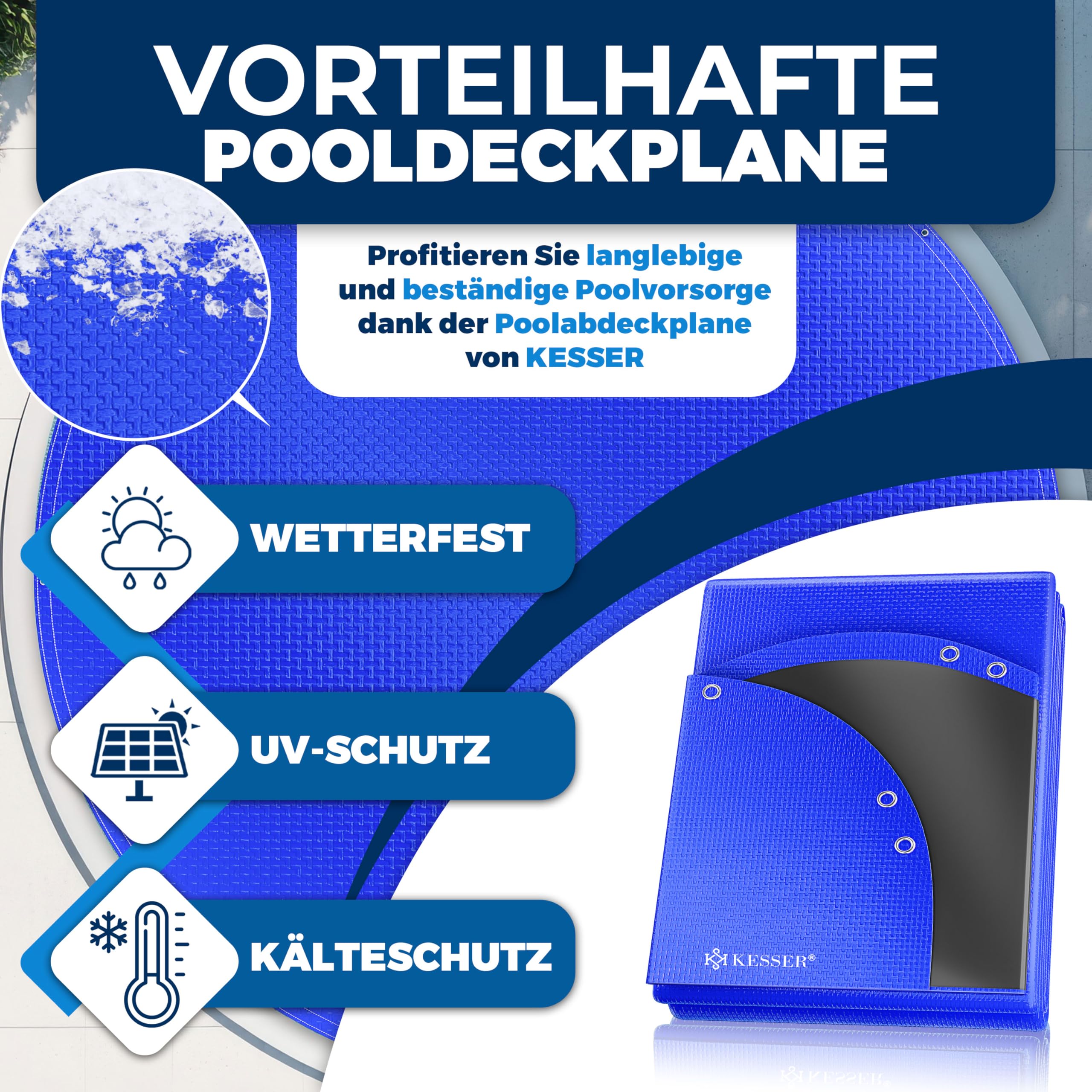 KESSER® Solar Poolabdeckung Pool Abdeckplane Rund Ø305cm Poolplane 200g/m² PE Material Inkl. Stahlseil + Seilspanner mit Ösen Solarplane Abdeckung UV-resistent, Wetterfest für Sommer & Winter 4