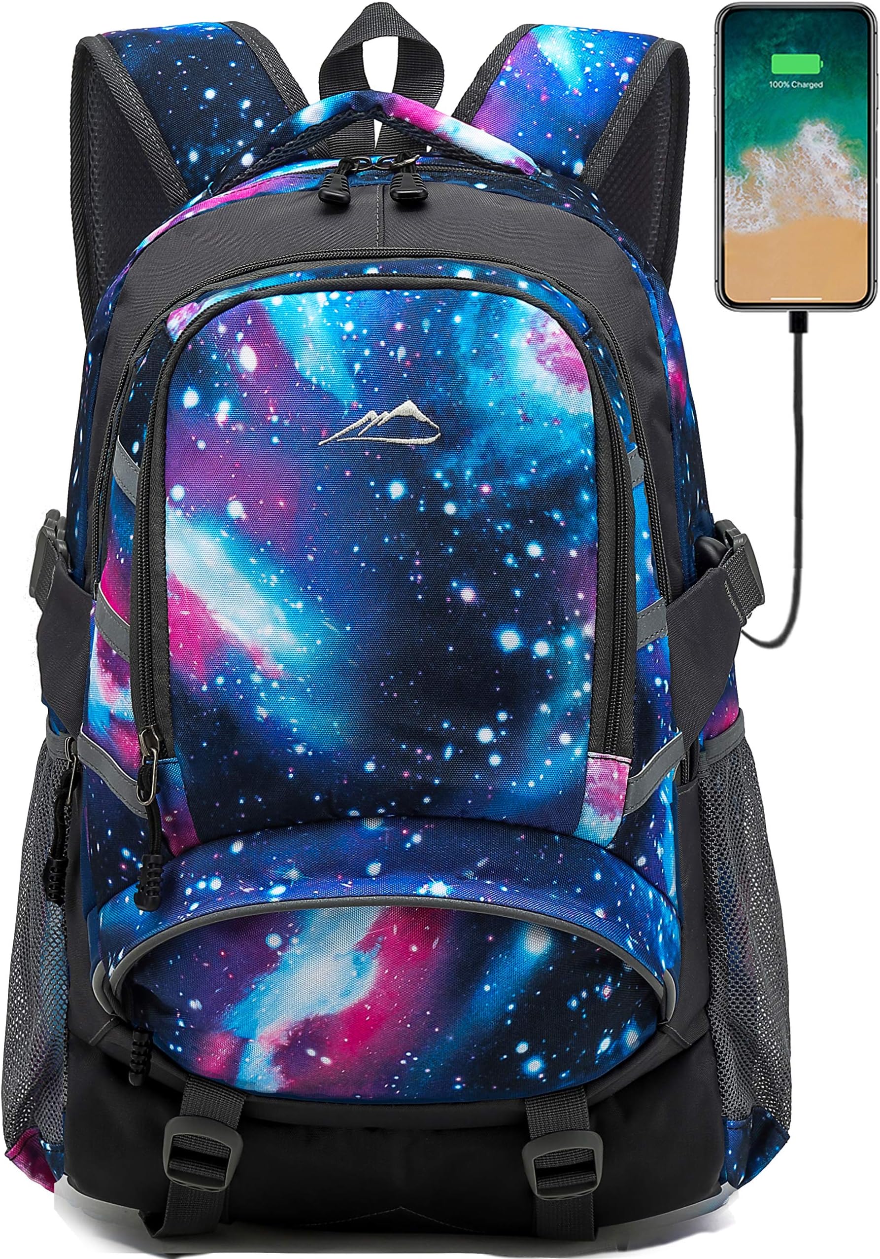 Galaxy Backpack Bookbag for School Student College Business Travel with USB Charging Port Fit Laptop Up to 15.6 Inch Night Light Reflective Anti Theft (Galaxy S (Blue&Dark Grey))