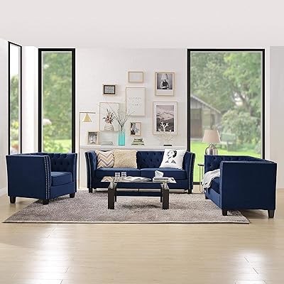 Mid-Century Blue Sofa Set with Tufted and Nailhead Bahrain Ubuy