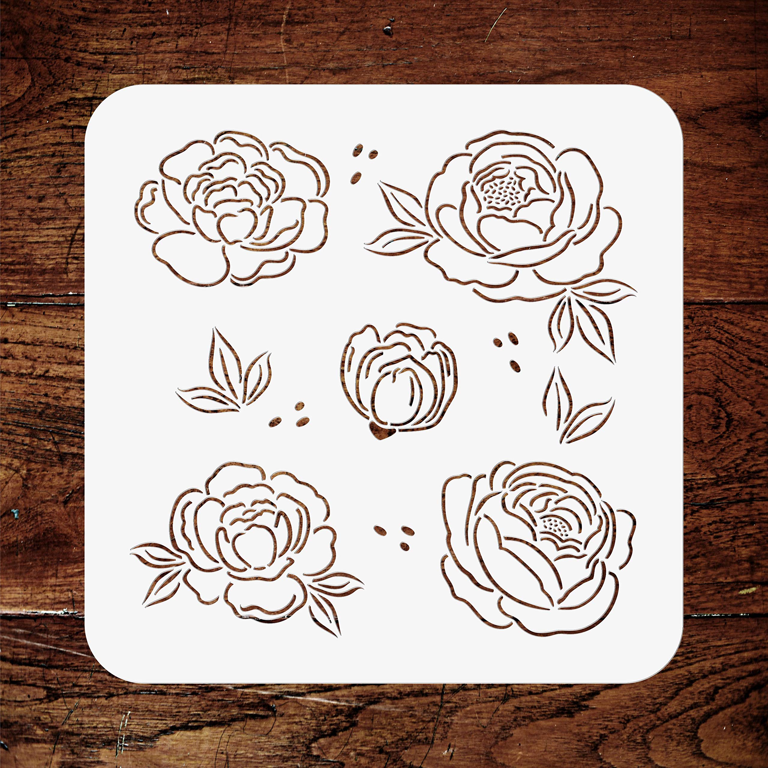 Peony Collection Stencil -35.5 x 35.5 cm - Reusable Flower Floral Peonies Set Wall Stencil Template - Use on Paper Projects Scrapbook Journal Walls Floors Fabric Furniture Glass Wood etc.