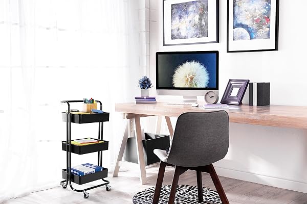 SEVILLE CLASSICS 3 BIN METAL ROLLING STORAGE UTILITY CART ORGANIZER TROLLEY W/LOCKABLE WHEELS FOR OFFICE, ART SUPPLIES, SCHOOL, SALON, KITCHEN, GARAGE, HOME, BLACK W/HANDLE