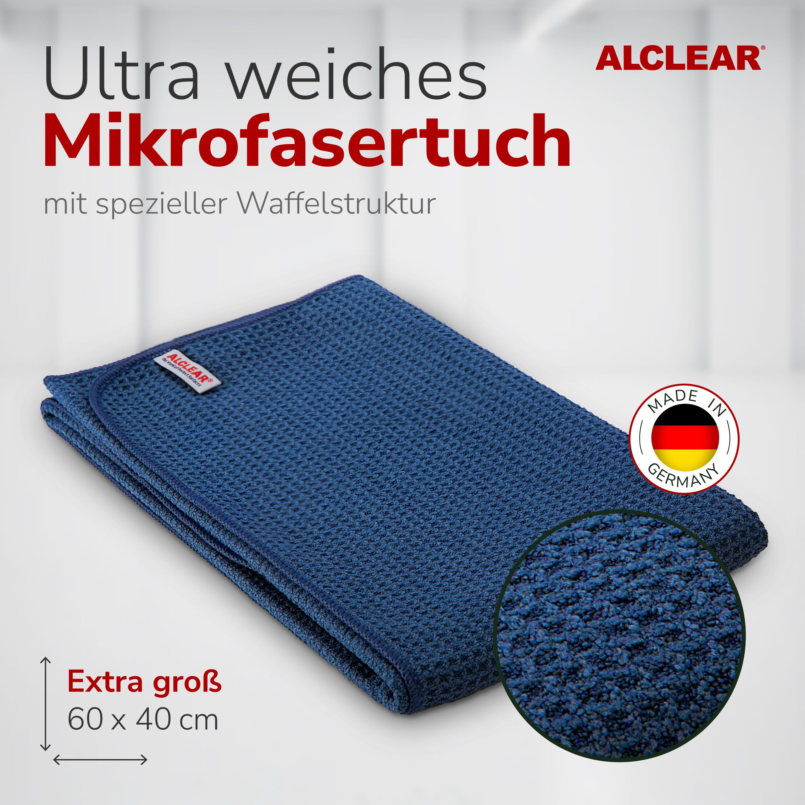 ALCLEAR 820901_2 Mikrofasertuch 2er-Set – XXL Trockentuch Auto 60×40 cm mit Waffelstruktur – saugstark, fusselfrei, kratzfrei – für Lack, Glas & Kunststoff, Designed in Germany, Autopflege Handwäsche 2