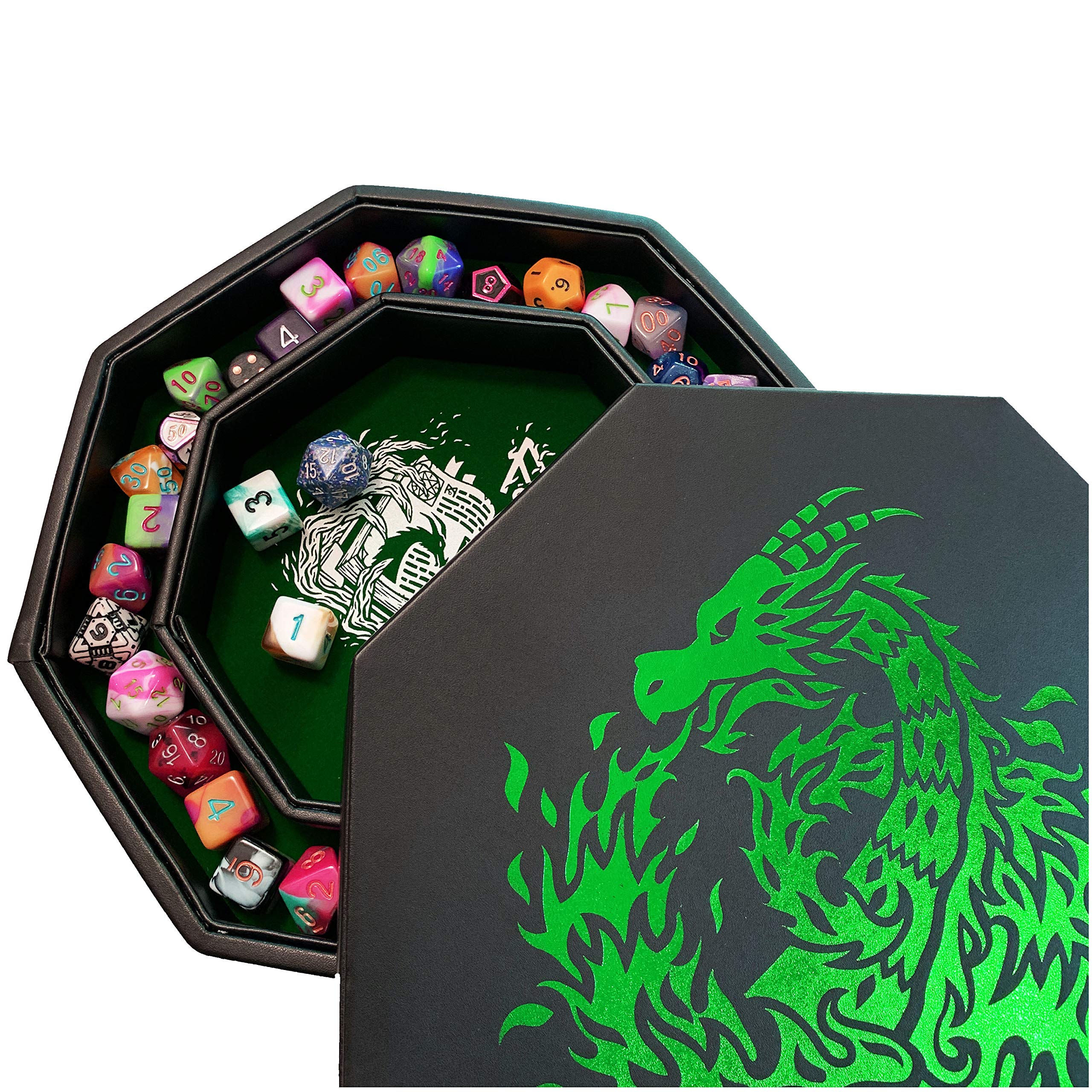 Fantasydice GREEN Fire Dragon - Dice Tray - 20CM Octagon with Lid and Dice Staging Area- Holds 5 Sets of Dice(7 / Standard) For All Tabletop RPGs Like D&D, Call of Cthulhu, Shadowrun.