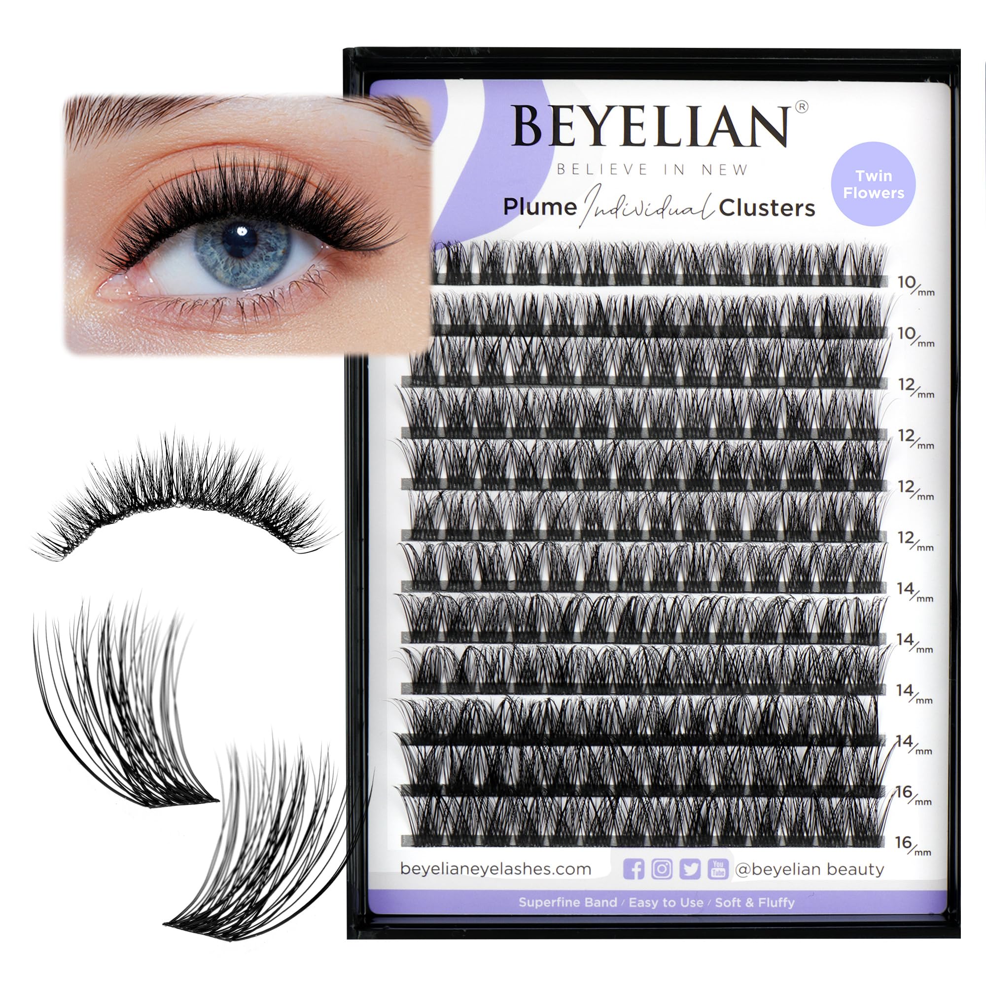BEYELIAN Cluster Lashes, C Curl Individual Lashes, 168 Pcs Cluster Eyelash Extensions 0.07mm 10-16mm Mixed DIY Lash Clusters Reusable Super Thin Black Band Eyelashes at Home (Twin Flowers)