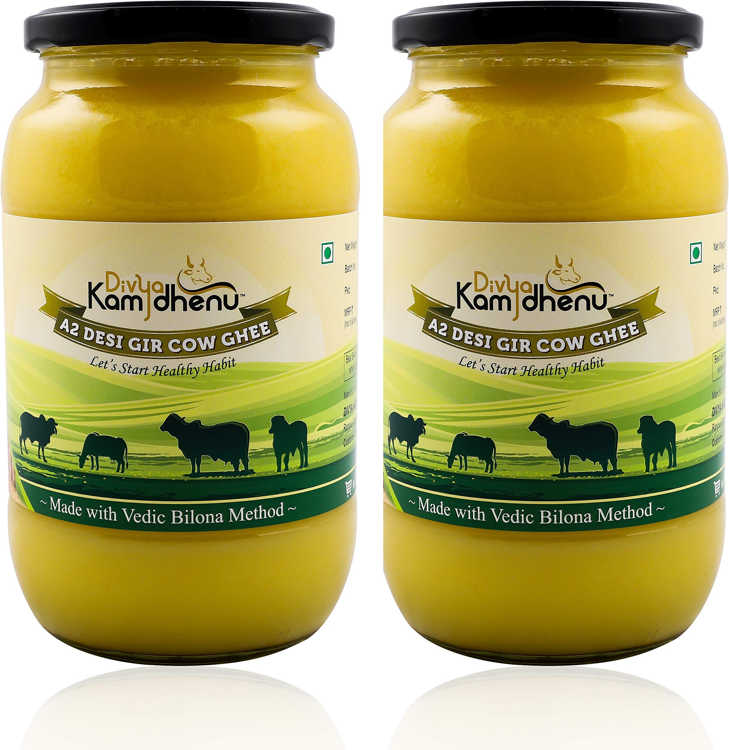 DIVYA KAMDHENU A2 Desi Gir Cow Ghee Vedic Bilona Method Grass Feed Natural Organic ( 2000 ML) 2,Litre Glass Jar Packaging