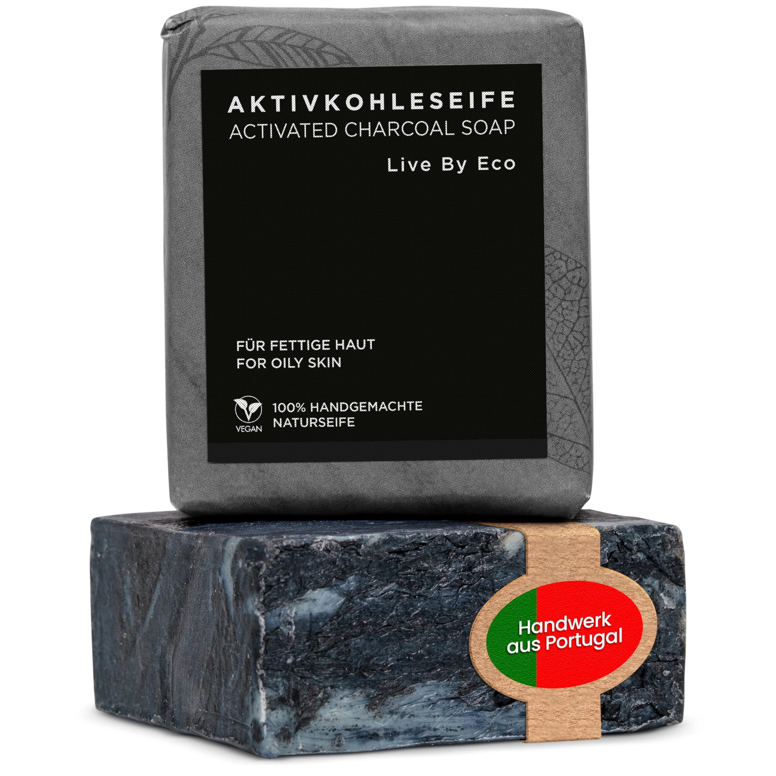 Live By Eco Schwarze Seife - Aktivkohle Seife gegen fettige Haut - Kohlen Seife als Porenreiniger - entgiftende feste Seife - Black Bar Soap handgemachte Naturseife - Gesichtsreinigung vegan - 100g