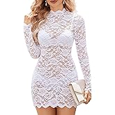 Avidlove Womens Sheer Lace Dress Sexy Long Sleeve Dress See Through Lingerie Short Mini Dresses for Party (No Linling)