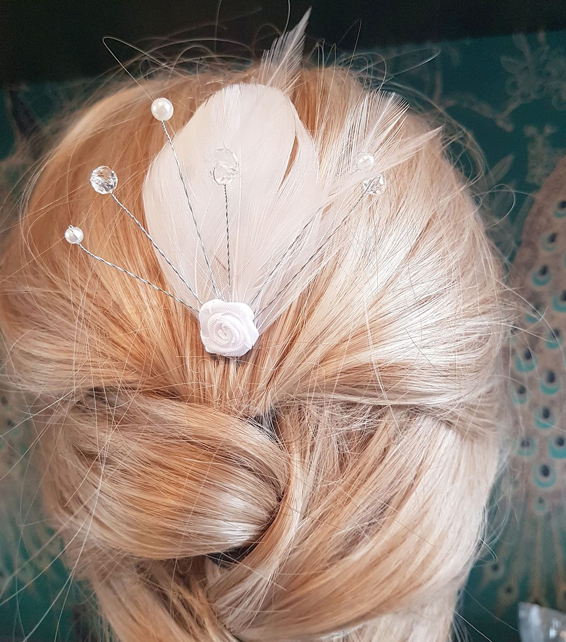Bridal Bridesmaid Feather Hair Grip Prong, White and Pearl Hair Piece