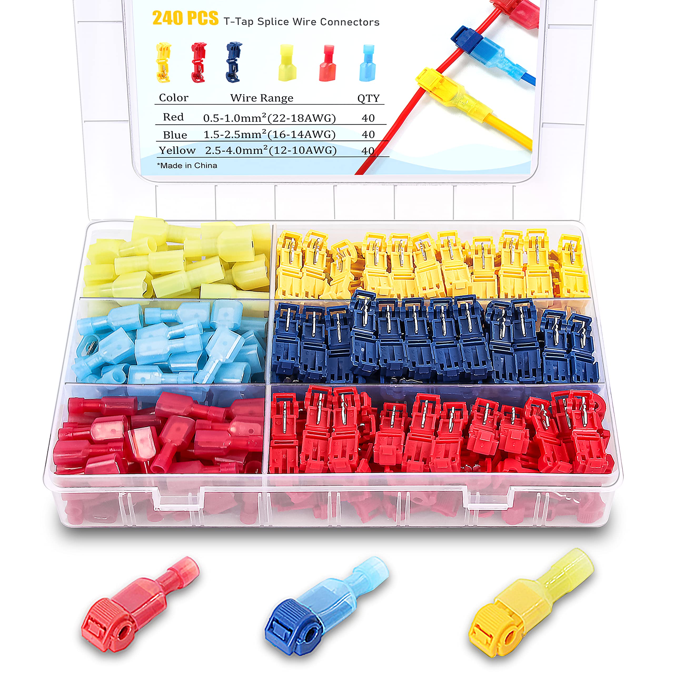 Flytuo 240PCS T-Tap Wire Connectors, AWG 22-10, Self-Stripping Quick Splice Electrical Wire Terminals, Color Coded Insulated Male Quick Disconnect Spade Terminals Assortment Kit for Wiring (3 Colors) — image 1