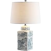 JONATHAN Y 24.5" Blue/White Chinoiserie Ceramic Table Lamp, Traditional Square Ginger Jar Mountain Toile Lamp for Living Room