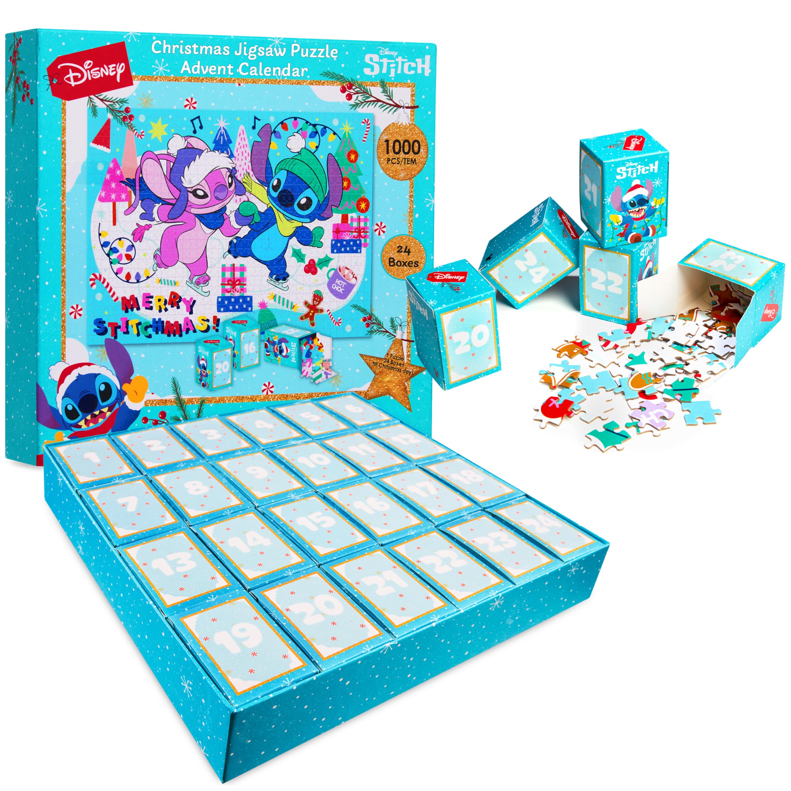 Disney Stitch Advent Calendar 2025 Jigsaw Puzzle 1000pcs Christmas Countdown Calendar Family Game Activity 24 Days Puzzles Stitch Gifts