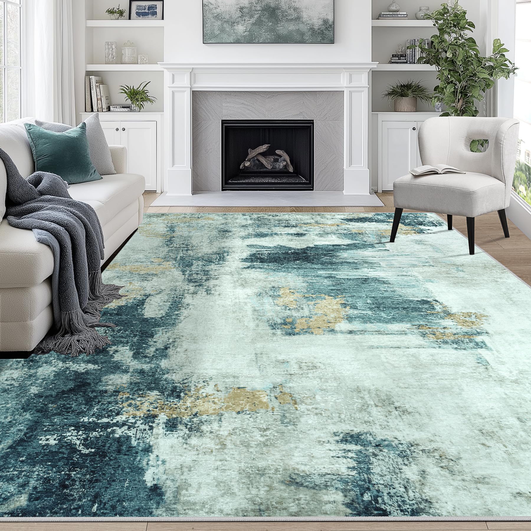 Photo 1 of 8x10 Area Rugs for Living Room Rug Washable: Abstract Large Rug for Dining Room Bedroom Carpet Non Slip 8 by 10 Indoor Modern Nursery Home Office Teal Grey Gold
