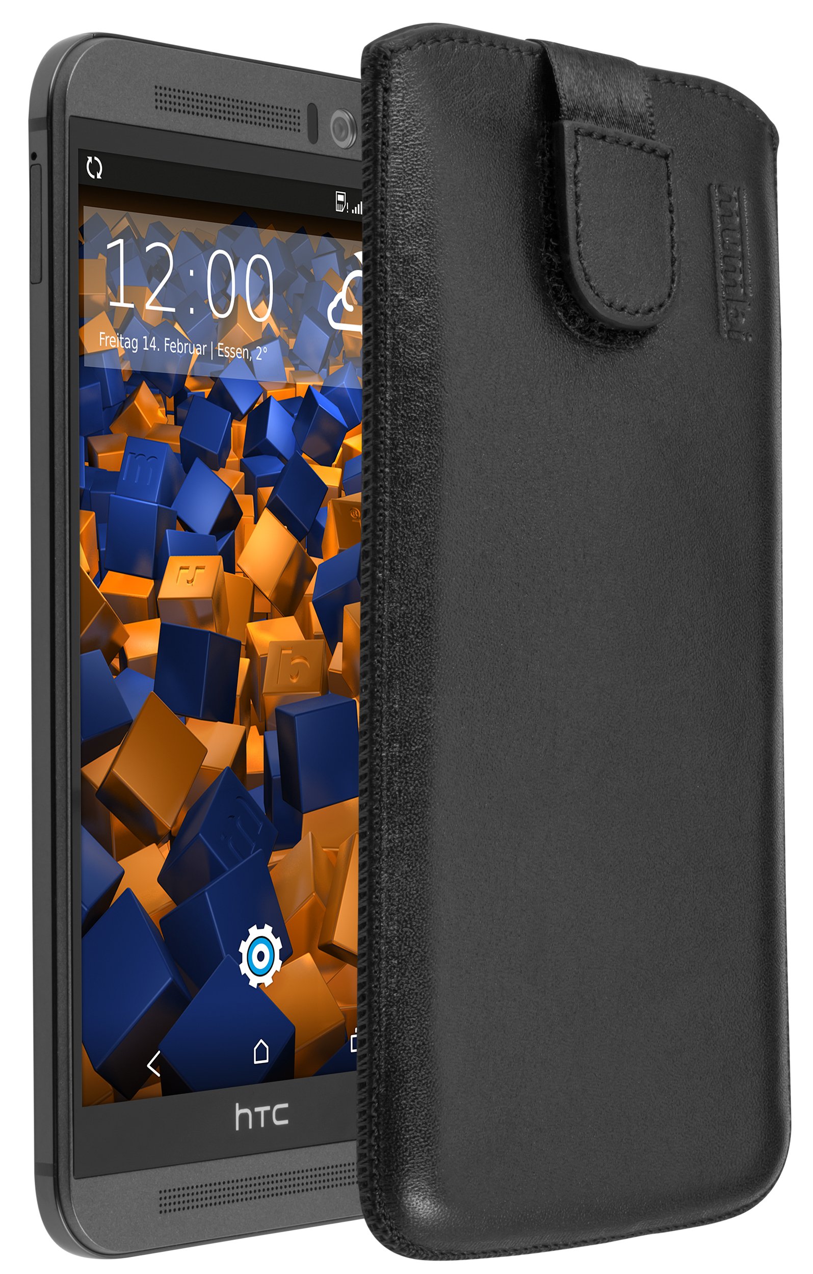 mumbi Real Leather Pouch Case with Flap and Pull-Up Strap for HTC One (M9)
