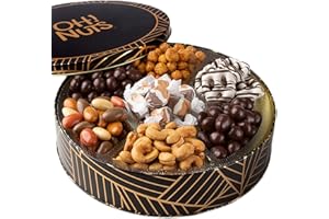 Oh! Nuts Chocolate Covered Pretzels and Nuts Gift Basket - 7 Section Gourmet Assorted Chocolates Gifts Baskets - Healthy Chocolate Round Metal Tin Box for Birthday, Holiday, Corporate, Family, Men & Women