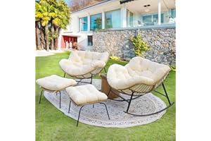 BULEXYARD Outdoor Papasan Rocking Chair with Padded Cushion, Oversized PE Rattan Comfy Royal Rocking Lounge Chair, Modern Comfy Patio Egg Chair Indoor Outdoor (4 pcs with Ottoman, Beige)